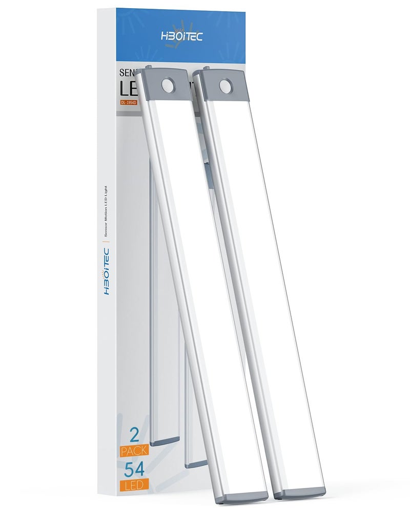 HIBOITEC ضوء خزانة HIBOITEC LED بحساس حركة 2500mAh عبوتين قابلة لإعادة الشحن تحت المنضدة إضاءة خزانة، ضوء ليلي لاسلكي مع 54 LED للخزانة، خزانة الملابس، المطبخ، الممر، السلالم - Image 1
